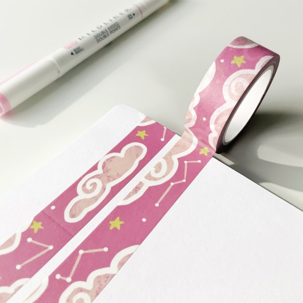 Washi tape | Swirly Pink Clouds | Journaling Supplies | Cute kawaii stationery | Cloudy sky | Celestial Sky tape | Lettering supply