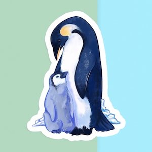 Sticker vinyle découpé à la main - manchot empereur et poussin - blanc mat - sticker décoratif - oeuvre d'art esthétique oiseau - dessin - oeuvre d'art de bouteille d'eau