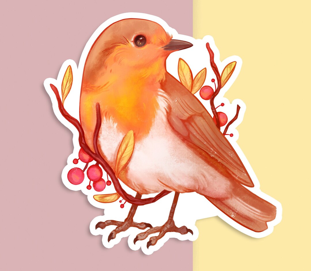 Pink Robin Sticker Handcut Robin Sticker: Matte White Vinyl Bird With Berries - Etsy