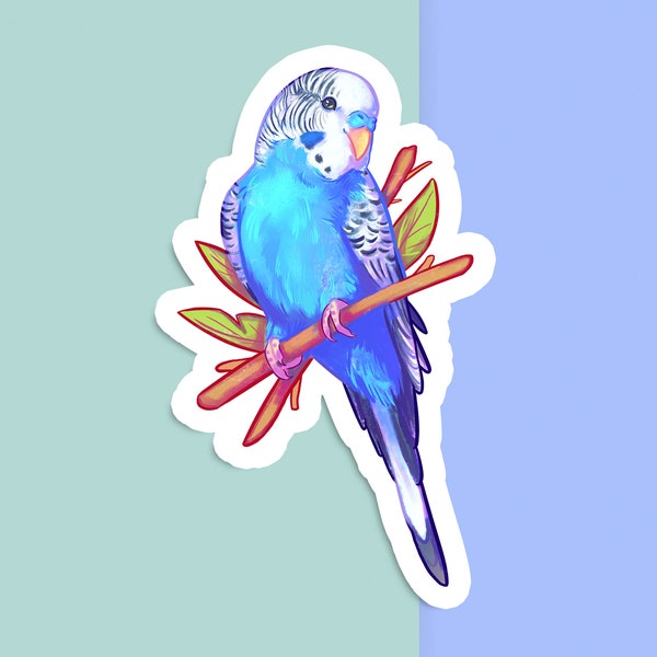 Handcut Vinyl Sticker - Blue Budgerigar - Matte White - Decorative Decal - Bird Aesthetic Artwork - Parakeet Drawing - Diary Budgie Art