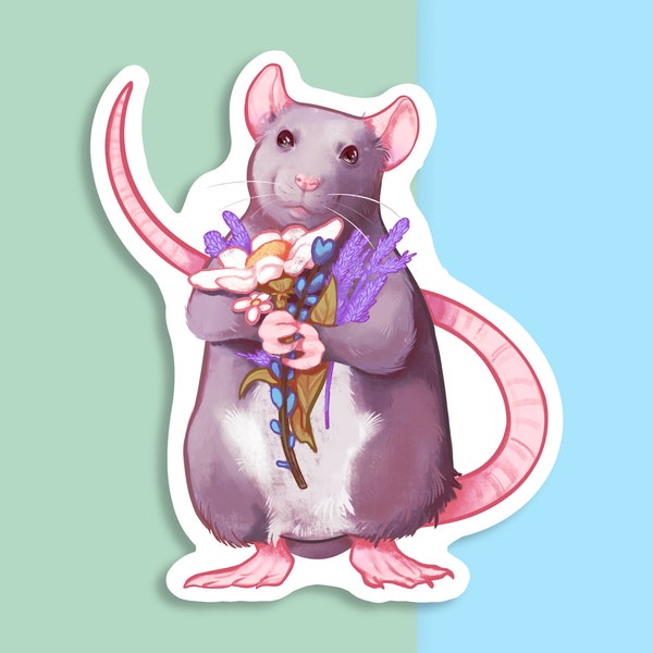 Handcut Vinyl Sticker - Grey Fancy Rat with Flowers - Matte White - Decorative Decal - Small Pet Artwork - Rodent Drawing - Journal Art