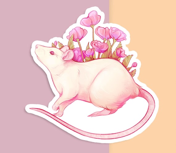 Handcut Vinyl Sticker Fancy Rat With Pink Flowers Matte White