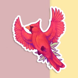 Autocollant en vinyle découpé à la main - Cardinal du Nord avec feuilles - Blanc mat - Décalque décoratif - Oeuvre esthétique d'oiseau - Dessin rouge - Art pour ordinateur portable