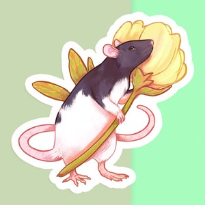 Handgeschnittene Vinyl Aufkleber - Lustige Ratte mit Gelben Blumen - Matt Weiß - Dekorativer Aufkleber - Ästhetische Haustier Kunst - Nagetier Zeichnung - Laptop Kunst