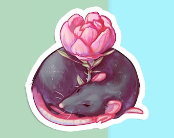Dumbo Rat Sticker: Handcut Matte Vinyl Decal with Pink Peony