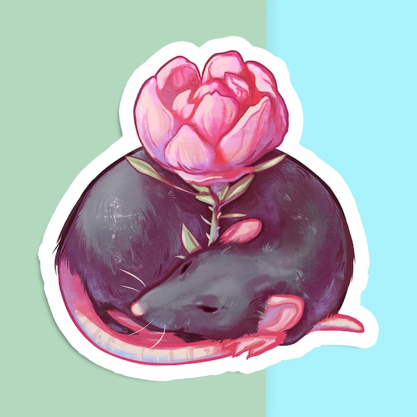 Handcut Vinyl Sticker - Black Dumbo Fancy Rat with Pink Peony - Matte White - Decorative Decal - Pet Artwork - Rodent Drawing - Laptop Art