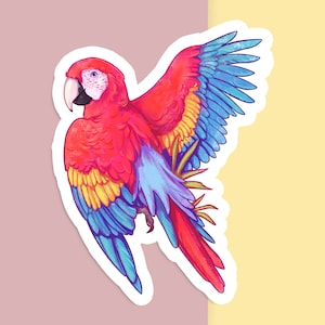 Autocollant vinyle coupé à la main - Ara écarlate - Blanc mat - Décalque décoratif - Illustration esthétique d’oiseau de compagnie - Dessin de perroquet - Art de bouteille d’eau
