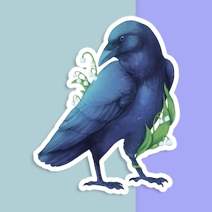 Sticker vinyle découpé à la main - corbeau avec muguet - blanc mat - sticker décoratif - oeuvre d'art esthétique oiseau - dessin corvidé - art pour ordinateur portable