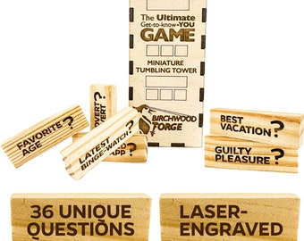 The Ultimate Get-to-know-you Game Mini Tumbling Tower | First dates, friends, group games | Birchwood Forge laser-engraved wood desk toy