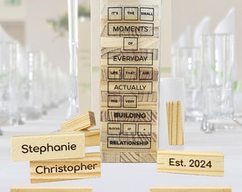 Personalized wedding party favor mini Tumbling Tower w/ laser-engraved blocks | Couple's names & Est. year | Gift for bride, groom + guests