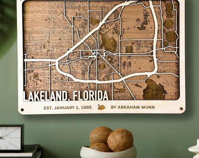 Featured listing image: Engraved Lakeland Florida Map: Laser Cut Wood City Art