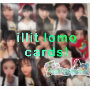 May include: A collection of photo cards featuring multiple images of young women. The text "illit lomo cards!" is displayed in green. A sticker with colorful illustrations is in the bottom right corner.
