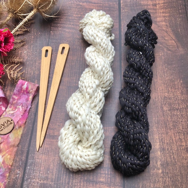 Black or White Hand spun Art Yarn plied with gold thread, Thick and thin Wool Yarn for knitting crochet weaving, Decorative Macrame supply