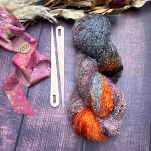 Hand Dyed Mohair Angora Boucle Yarn: Orange Grey Autumnal Colours, Medium Loops 115g, No152