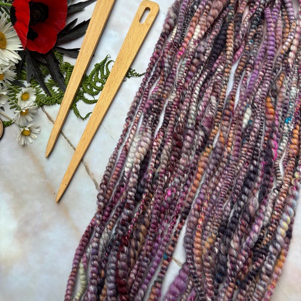 Chunky Purple Art Yarn, Spiral Hand Spun Wool Yarn for knitting and weaving, Micro coils  Textured Decorative Art Yarn, Supercoil yarn 54