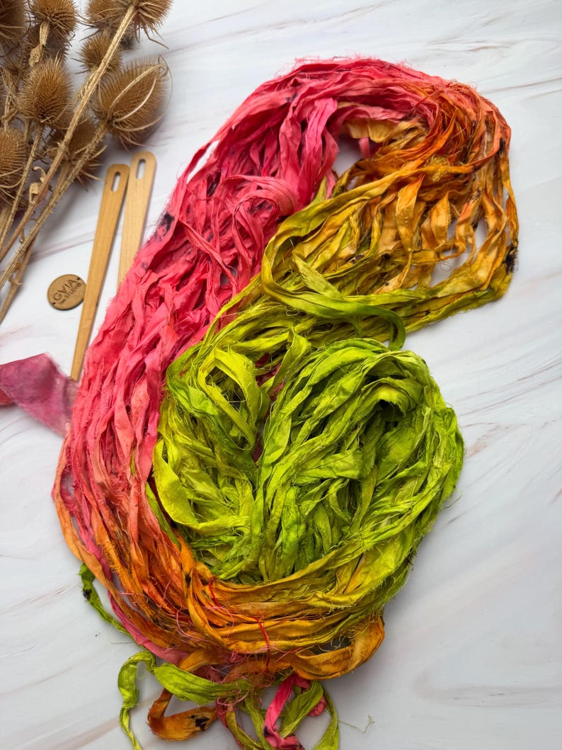 Single Yarn Ribbon Hand Dyed Sari Silk Yarn Ribbon, Neon Pink Varigated Recycled Fibres ...