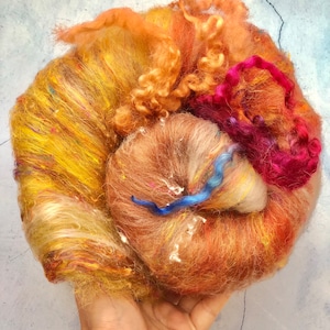Textured Art Batt  Merino Silk mixed fibres, Hand carded wool blend with locks for Spinning and Felting, wool roving for weaving #Z6