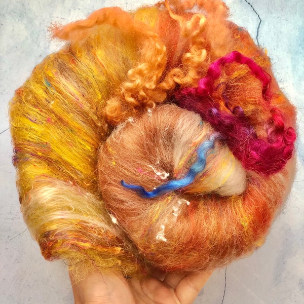 Textured Art Batt  Merino Silk mixed fibres, Hand carded wool blend with locks for Spinning and Felting, wool roving for weaving #Z6