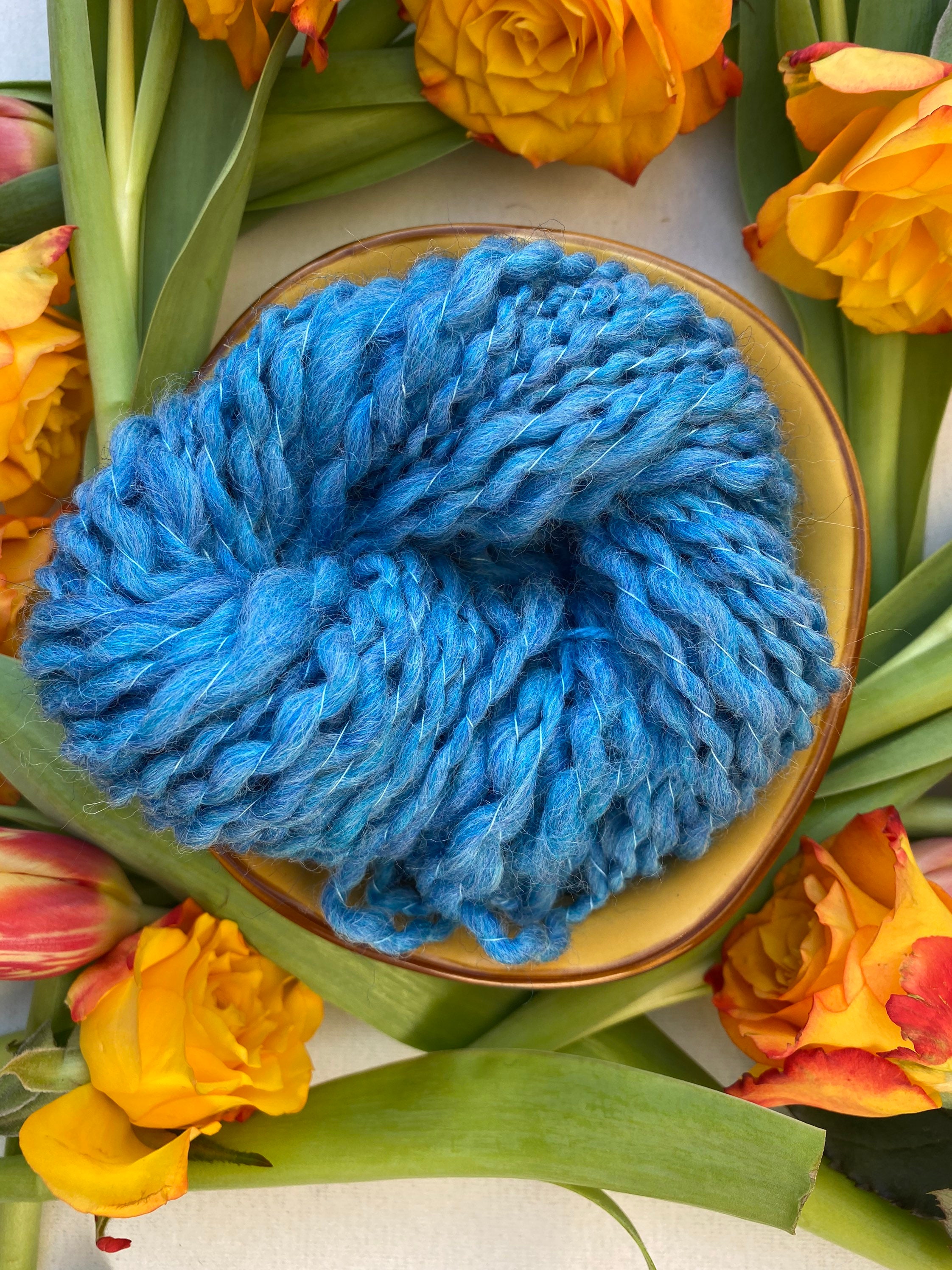 47g Blue Hand Spun Wool Art Chunky Textured Yarn Weaving Etsy