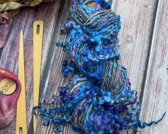 Hand Spun Boho Art Yarn: Merino, BFL Yak Sari Silk Wensleydale Locks #200