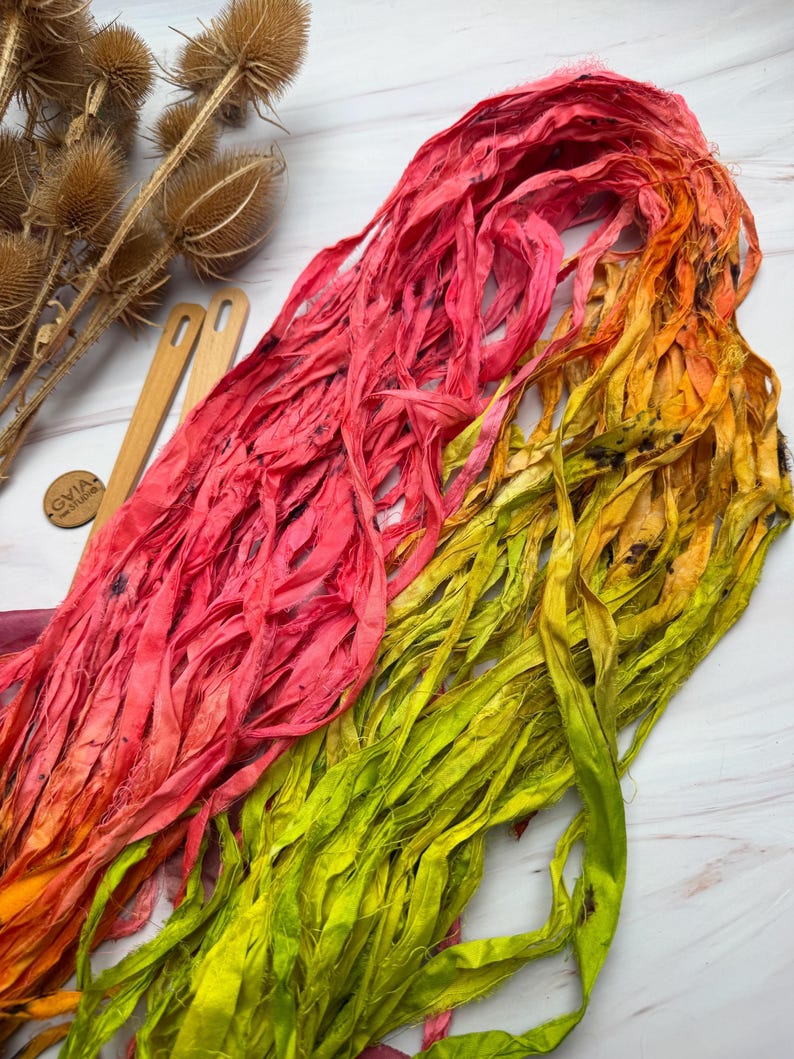 Hand Dyed Sari Silk Yarn Ribbon, Neon Pink Varigated Recycled Fibres ...