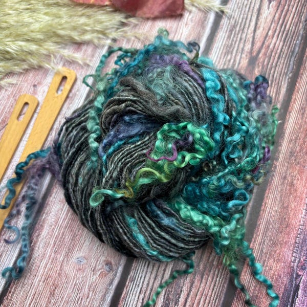 Unique Hand Spun Art Yarn: BFL Silk Wensleydale Locks, Textured Weaving Knitting  #70