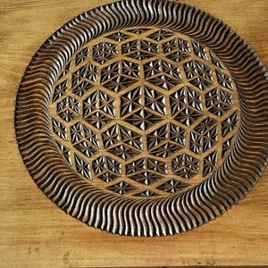 K&ouml;nnte beinhalten: Eine Holzplakette mit einem geschnitzten geometrischen Muster in der Mitte. Das Muster ist ein Kreis mit einer Reihe konzentrischer Ringe, wobei jeder Ring ein anderes Muster aus Sechsecken und Dreiecken enth&auml;lt. Die Plakette ist hellbraun und die Schnitzerei ist dunkelbraun.