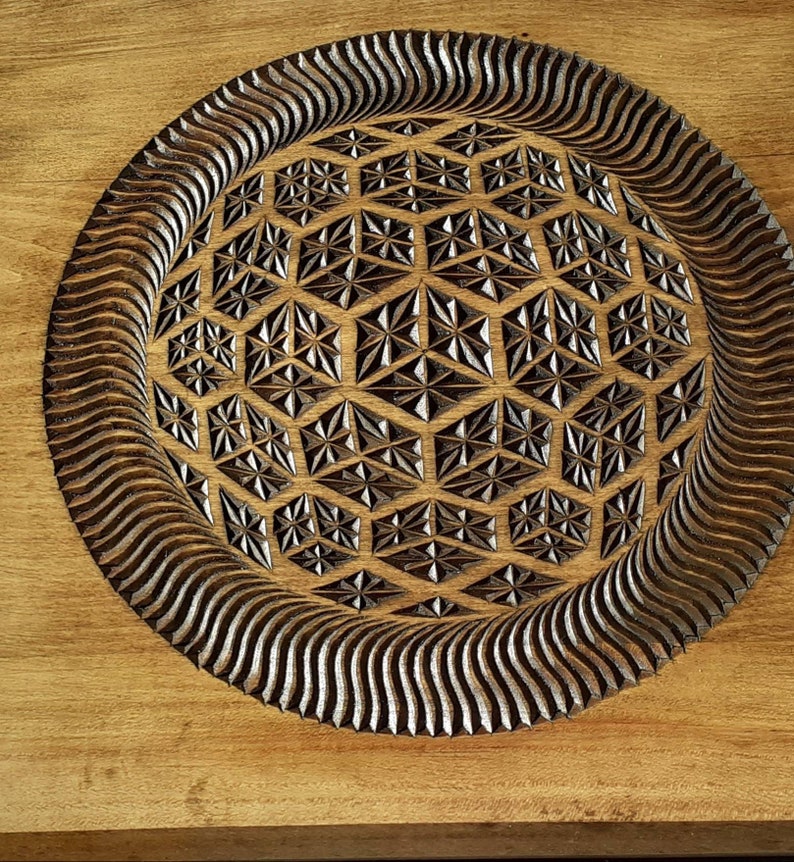 K&ouml;nnte beinhalten: Eine Holzplakette mit einem geschnitzten geometrischen Muster in der Mitte. Das Muster ist ein Kreis mit einer Reihe konzentrischer Ringe, wobei jeder Ring ein anderes Muster aus Sechsecken und Dreiecken enth&auml;lt. Die Plakette ist hellbraun und die Schnitzerei ist dunkelbraun.