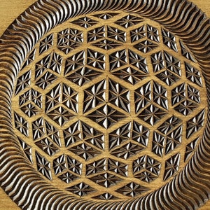 K&ouml;nnte beinhalten: Ein rundes Holztablett mit einem geschnitzten geometrischen Muster in der Mitte. Das Muster ist ein sich wiederholendes Design aus Sternen und Diamanten. Das Tablett hat eine dunkelbraune Beize und eine nat&uuml;rliche Holzoptik.