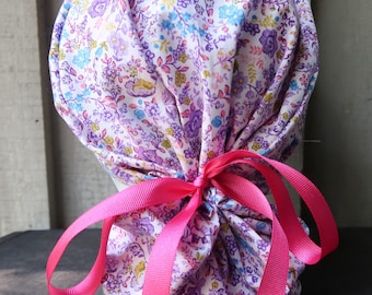 Purple Floral Ponytail Scrub Cap with Adjustable Straps, Euro Scrub Cap, Nurse Scrub Cap, Dentist Scrub Cap, CRNA Scrub Cap, Cute Scrub Cap
