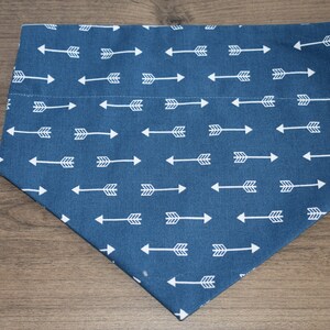 May include: A blue bandana with a white arrow pattern.