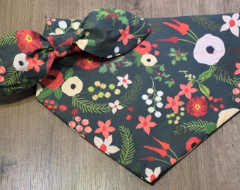 Christmas Dog Bandana |Green, Red, White Floral Bandana | Over the Collar Bandana |  Winter Bandana | Dog Bandana | Christmas Floral Bandana