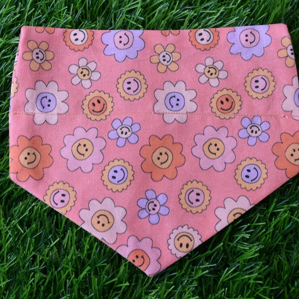 Over the Collar Dog Bandana | Dog Bandana | Groovy Floral Dog Bandana | Retro Dog Bandana | Flower Smiley Bandana | Summer Bandana | 70s Dog