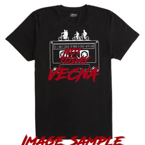 May include: Black t-shirt with a white cassette tape design featuring silhouettes of people on bikes and the text "IF I ONLY COULD I'D MAKE A DEAL WITH GOD", "NOT TODAY", and "VECNA" in red.