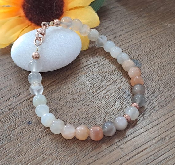 Handmade Moonstone Bracelet: 6mm Gemstone Beads, Rose Gold Plated