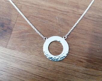 Hammered Circle Necklace, Silver Necklace, Flat Donut Necklace, Textured Necklace, Stackable Necklace, Gifts for Her, Christmas Gift