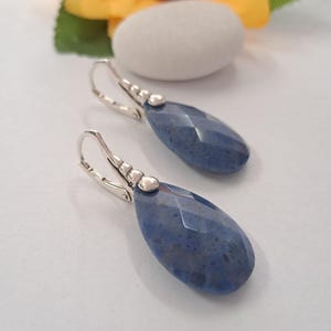 Sodalite Sterling Silver Drop Earrings: Faceted Blue Gemstone