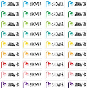 May include: A set of 24 colorful shower labels with the word "SHOWER" printed on each label. The labels are designed for use in a home or bathroom.