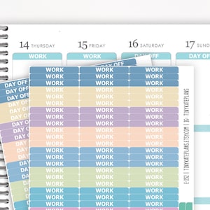 May include: A set of colorful planner stickers with the words "WORK" and "DAY OFF" printed on them. The stickers are arranged in rows and columns on a white background.