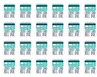 May include: A sheet of 100 stickers featuring a teal credit card icon with the text "Credit Card Bill Due" on a white background.
