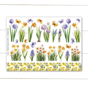 Stickers fleurs violettes et jaunes, Stickers petite plante, Stickers Bullet Journal jardinage printanier, Stickers stylos. ES-136
