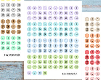 124 Tiny Dates of the Week Planner Sticker, Calendar Planner Sticker, Monthly Date Dot Calendar Sticker, Date Bullet Journal Stickers. E-120