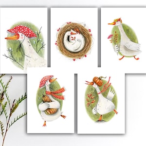 Ensemble de cartes postales d'oie stupide d'automne, autocollants d'oie blanche, carte postale de correspondance d'oiseau, autocollants d'oiseau blancs colorés à l'aquarelle, impressions d'art d'oiseau. A-161