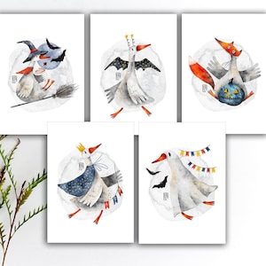 Ensemble de cartes postales d'oie d'Halloween, autocollants d'oie blanche, carte postale de correspondance d'oiseau, autocollants d'oiseau blancs colorés à l'aquarelle, impressions d'art d'oiseau. A-177