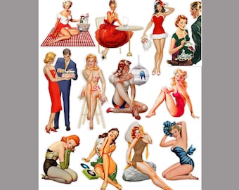 12 autocollants vintage pin-up pour journaux indésirables, autocollants vintage pour albums de filles, éphémères pour femmes, autocollants vintage pour femmes. VC-110
