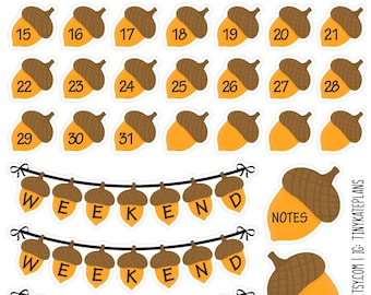 Acorn Date Cover Planner Stickers, Thanksgiving Calendar Planner Sticker, Fall Date Calendar Stickers, Date Bullet Journal Stickers. E-212.