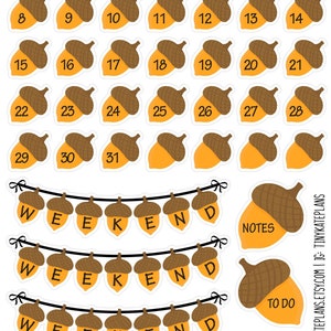 May include: A set of 31 acorn-shaped stickers with numbers 1 through 31. There are four acorn-shaped banners that spell out "WEEKEND" and three acorn-shaped stickers with the words "NOTES", "TO DO", and "TASKS".
