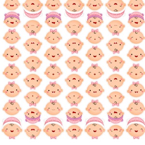 May include: A set of 50 printable baby girl cupcake toppers. The toppers feature a variety of cute baby girl faces with different expressions and pink bows. The toppers are perfect for a baby shower or birthday party.