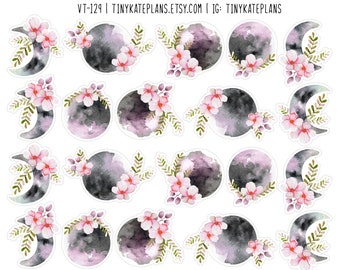 35 Grey Watercolor Moon Stickers With Pink Flowers For Junk Journals, Vintage Scrapbook Stickers, Ephemera, Vintage Flower Stickers. VT-129