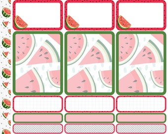 May include: Watermelon themed planner stickers with various designs, including watermelon slices, seeds, and polka dots. The stickers are in green, red, and white.